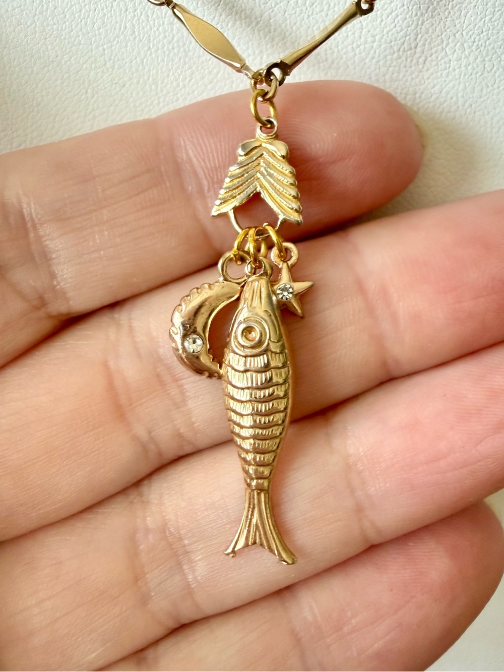Vintage Gold Tone Fish Charm Pendant with Moon & Star Charms Necklace Dainty
